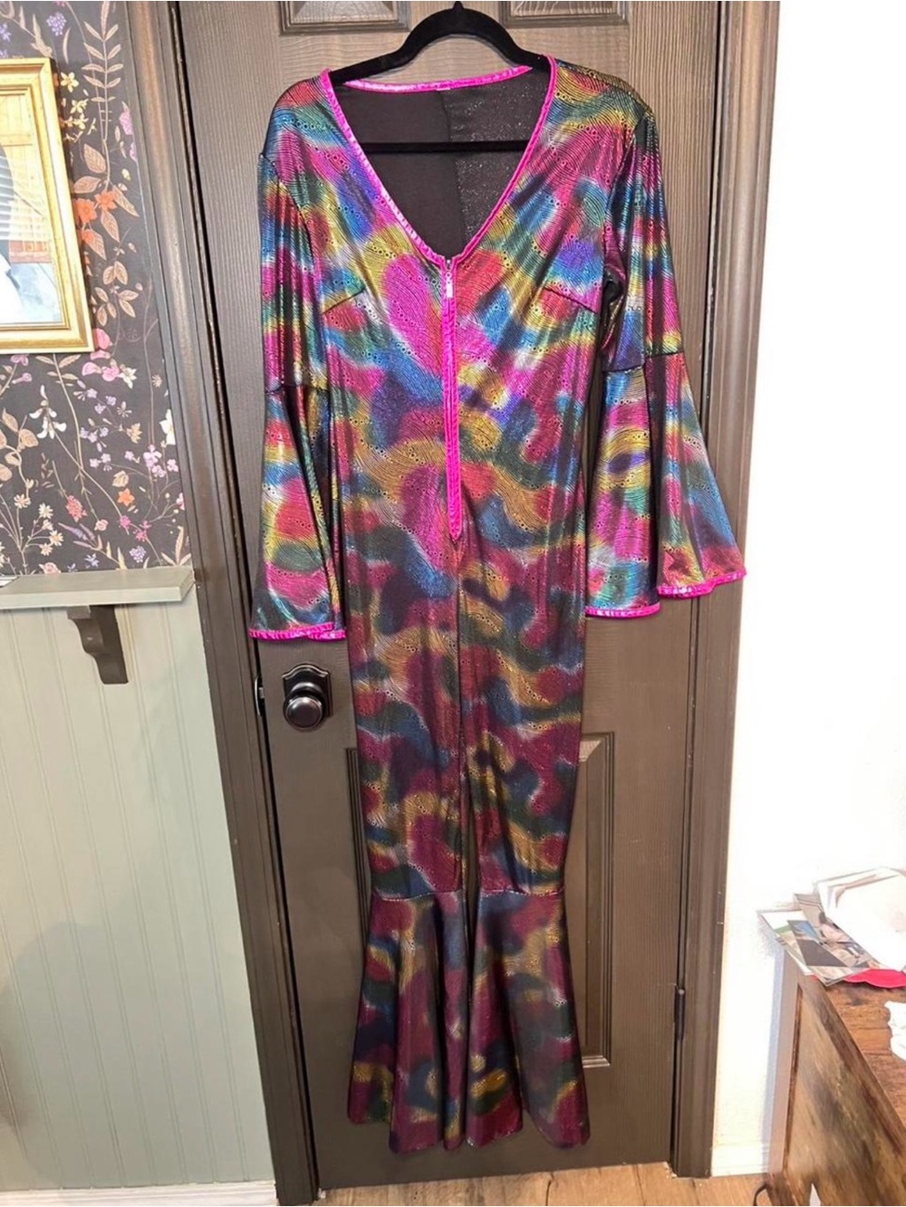 Multicolor Metallic V-Neck Maxi Dress with Bell Sleeves